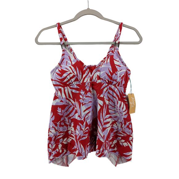 Kona Sol Tankini S Red Purple Palm Plant Tropical Swimsuit Top Deep VNeck Modest - Picture 12 of 12